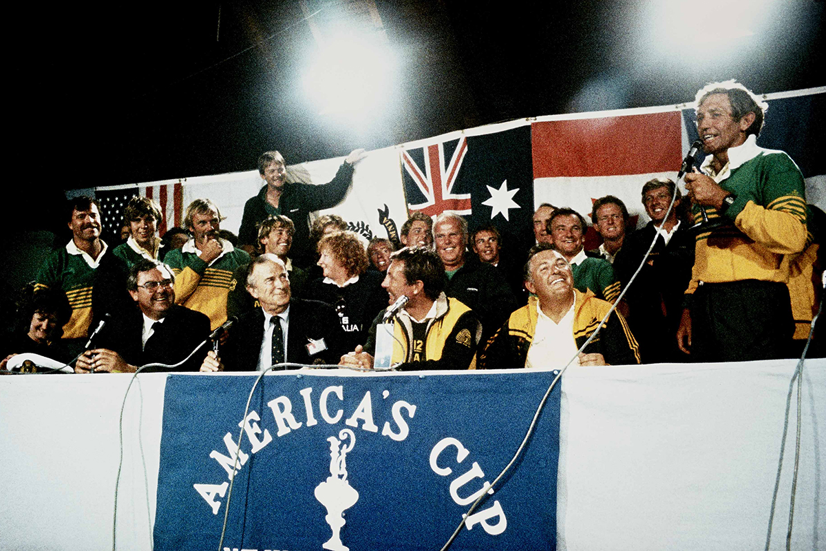AUSTRALIA II team celebrating victory at the press conference. ANMM Collection 00000407. Copyright Sally Samins.