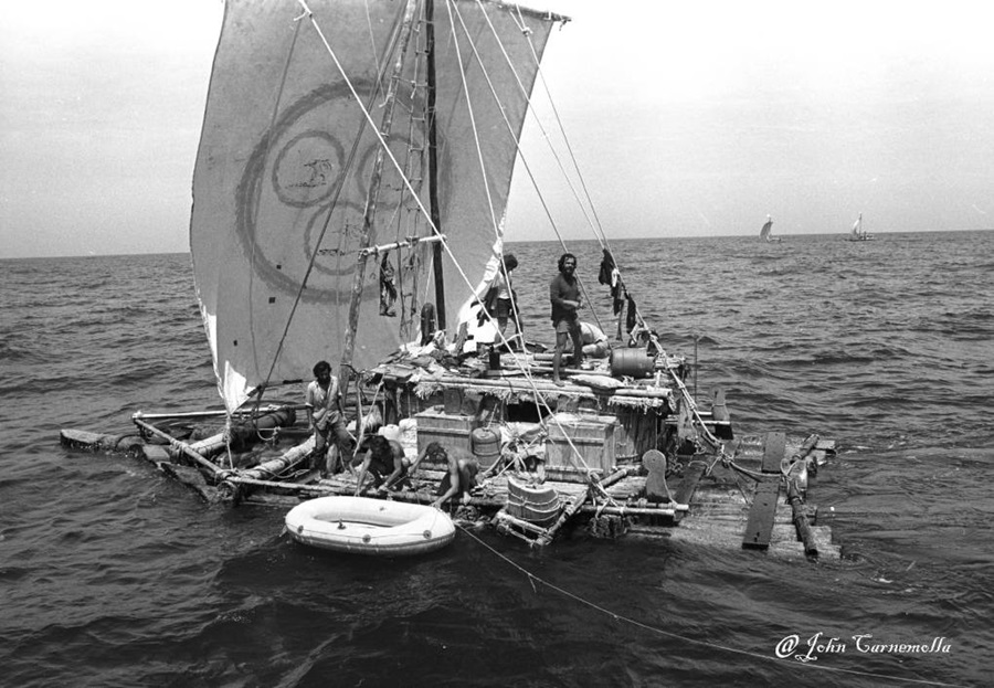 One of the Las Balsas rafts at sea, with the other two rafts in the background, 1973. Photograph by John Carnemolla. Image reproduced courtesy Ballina Naval & Maritime Museum