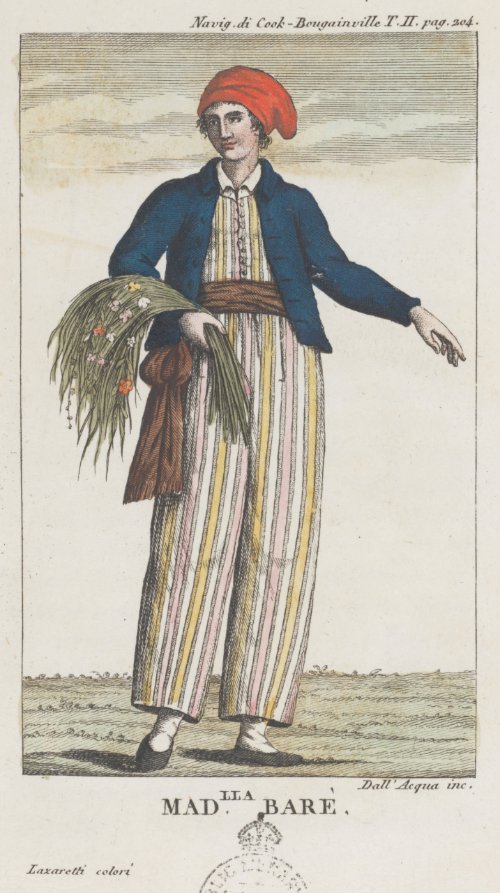 The first known image of Jeanne Baret, from 1816. From Navigazioni di Cook del grande oceano e intorno al globo, Volume 2, 1816, Sonzogono e Comp, Milano. Reproduced courtesy State Library of NSW, FL3740703