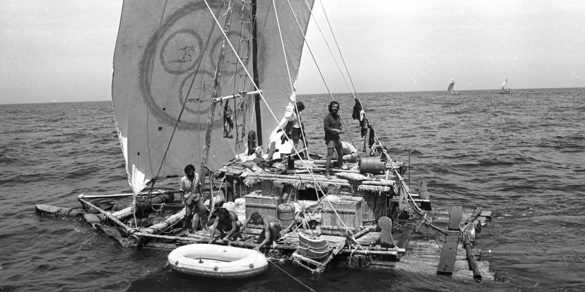One of the Las Balsas rafts at sea, with the other two rafts in the background, 1973. Photograph by John Carnemolla. Image reproduced courtesy Ballina Naval & Maritime Museum