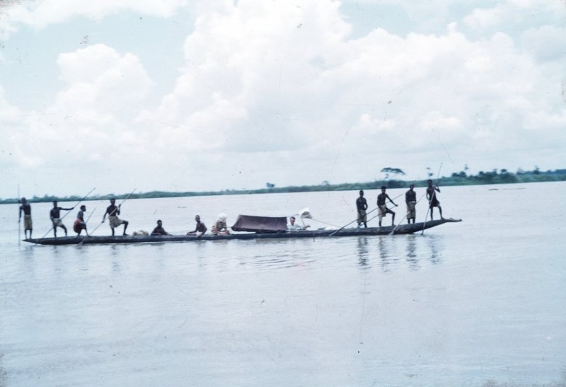 Sepik river canoe, 1952 from Percy Cochrane's colour slides 158-184 on recording patrol in the Sepik District, Papua New Guinea. Image University of Wollongong Archives, collection D160/03/158