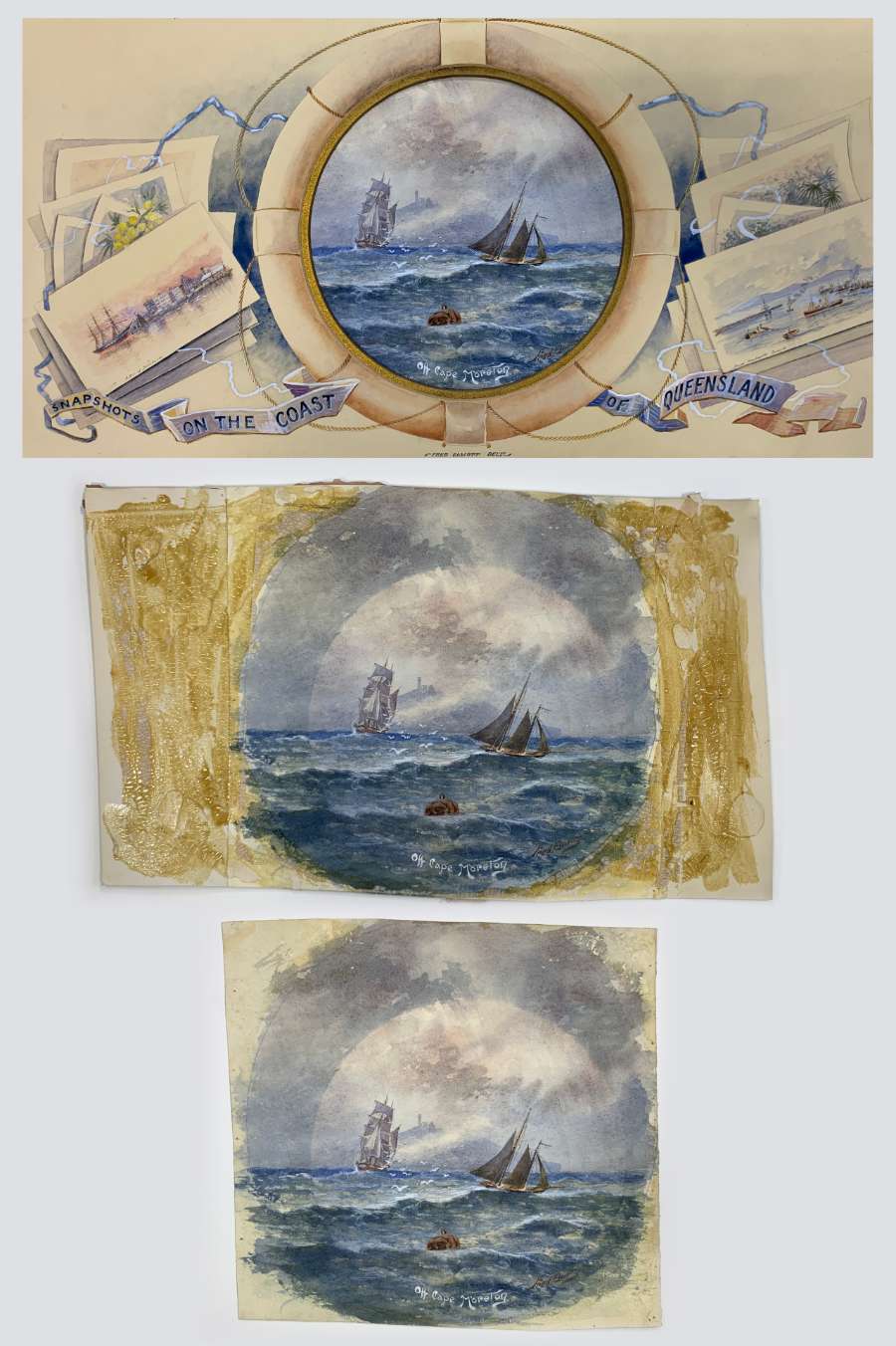 Large, central circular watercolour ‘Off Cape Moreton’ before separation from the mount. Second images shows it after separation revealing a huge backing board, more of the watercolour and A LOT of yellowed animal glue! Final image shows the watercolour after adhesive removal and backing removal – it is so much happier now!