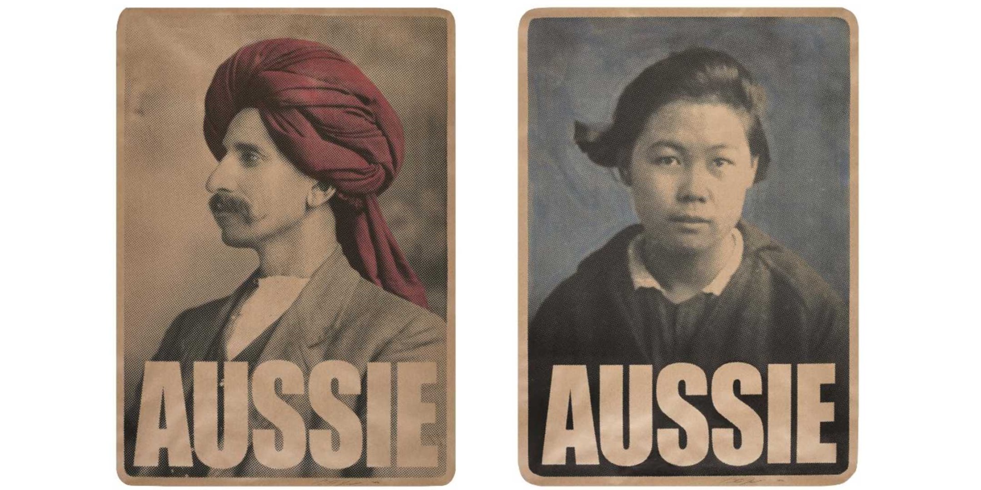 Left to right: Monga Khan AUSSIE and Gladys Sym Choon AUSSIE posters by Peter Drew, 2020. National Maritime Collection, reproduced courtesy the artist