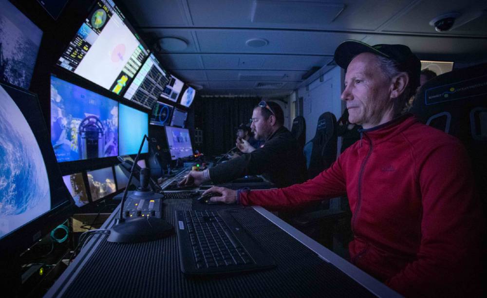 The control room during a test dive for remotely operated underwater vehicle (ROV) 'Subastian' deployment. Image courtesy Schmidt Ocean Institute