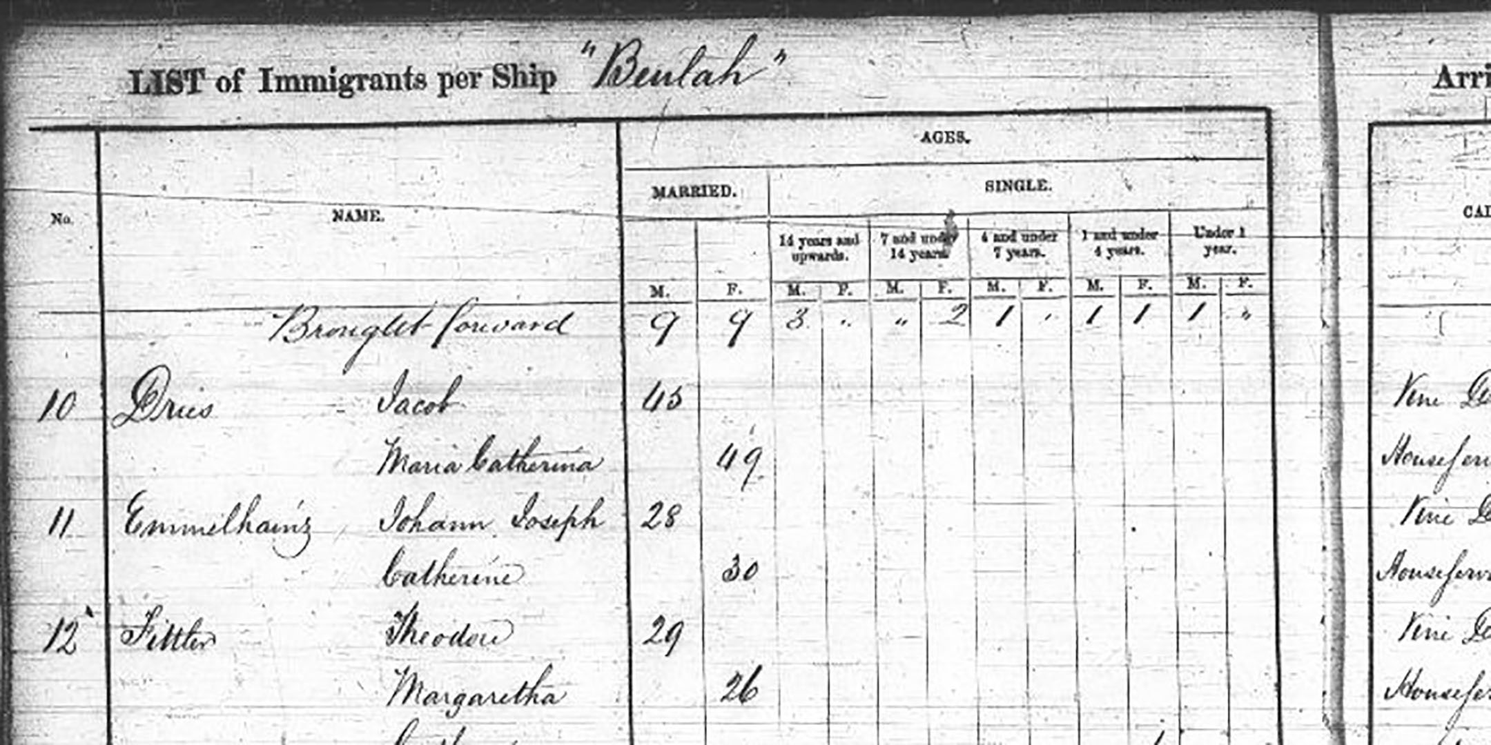 Johann and Katharina Emmelhainz on the Beulah passenger list, 1849. Courtesy NSW State Archives Reel 2145, [4/4820].