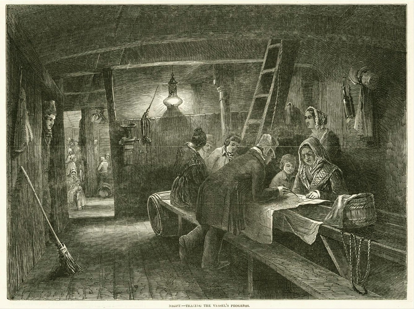 Passengers become amateur navigators as they trace their vessel’s progress on a long 19th century sea voyage. From ‘Scenes on board an Australian emigrant ship’, The Illustrated London News, 1848.  ANMM Collection 00003594