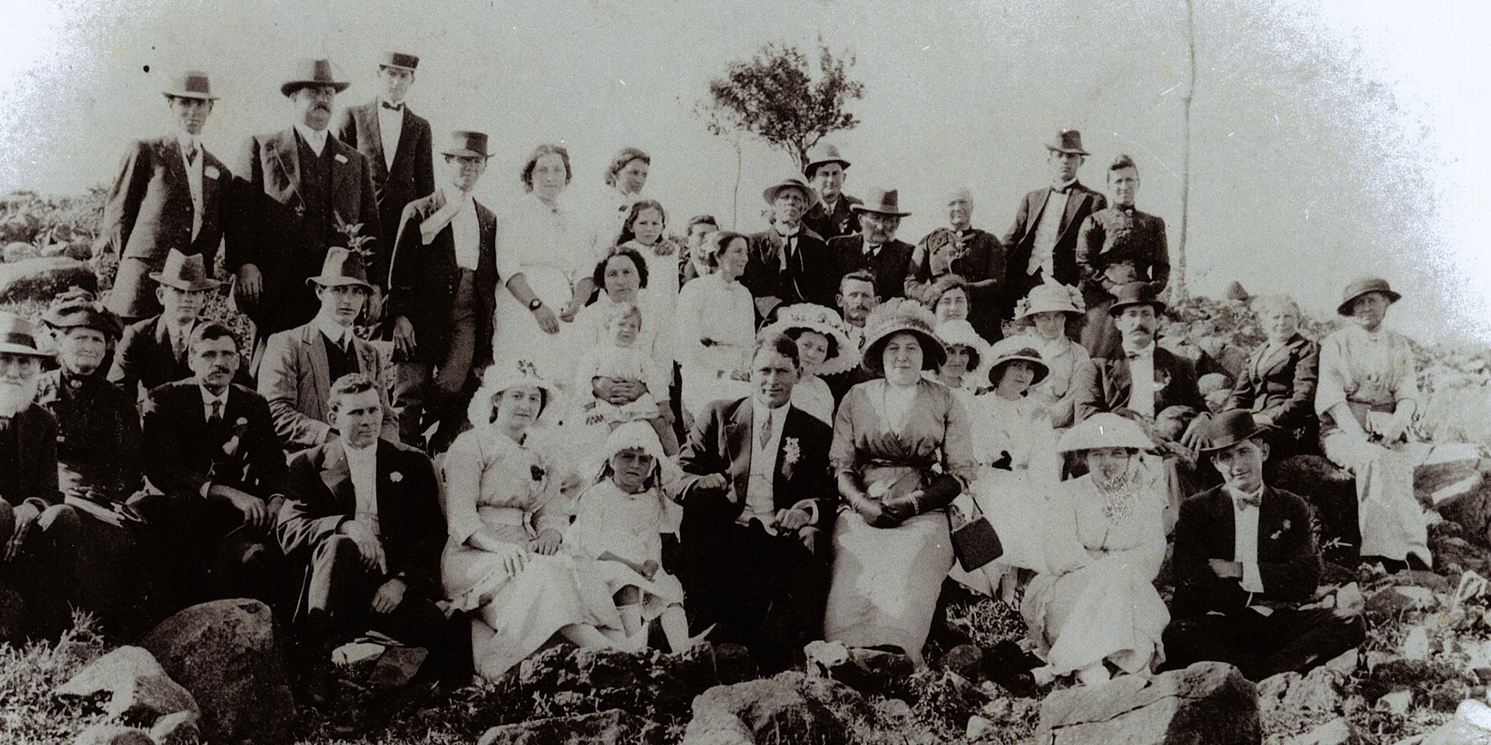 Going away party for the wedding of Maria and Lorenzo Roder’s daughter, Mary (front row, holding handbag), c 1921. Maria and Lorenzo are in the back row, third and fourth from right. Reproduced courtesy Pauline Lovitt.