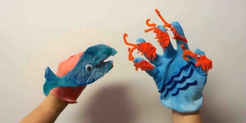 Whale and krill finger puppets