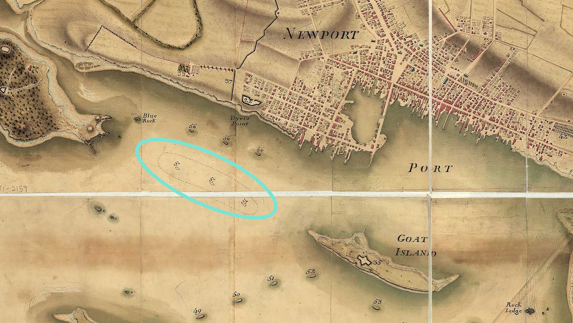 Section of French archival map entitled Prise de Newport par d'Estaing, 1778: 2. Embossage de Ternay à Newport, 1780, showing the location of the scuttled transports (including Lord Sandwich) between Goat Island and Newport’s North Battery. Map reproduction courtesy of the Norman B. Leventhal Map and Education Center at the Boston Public Library.