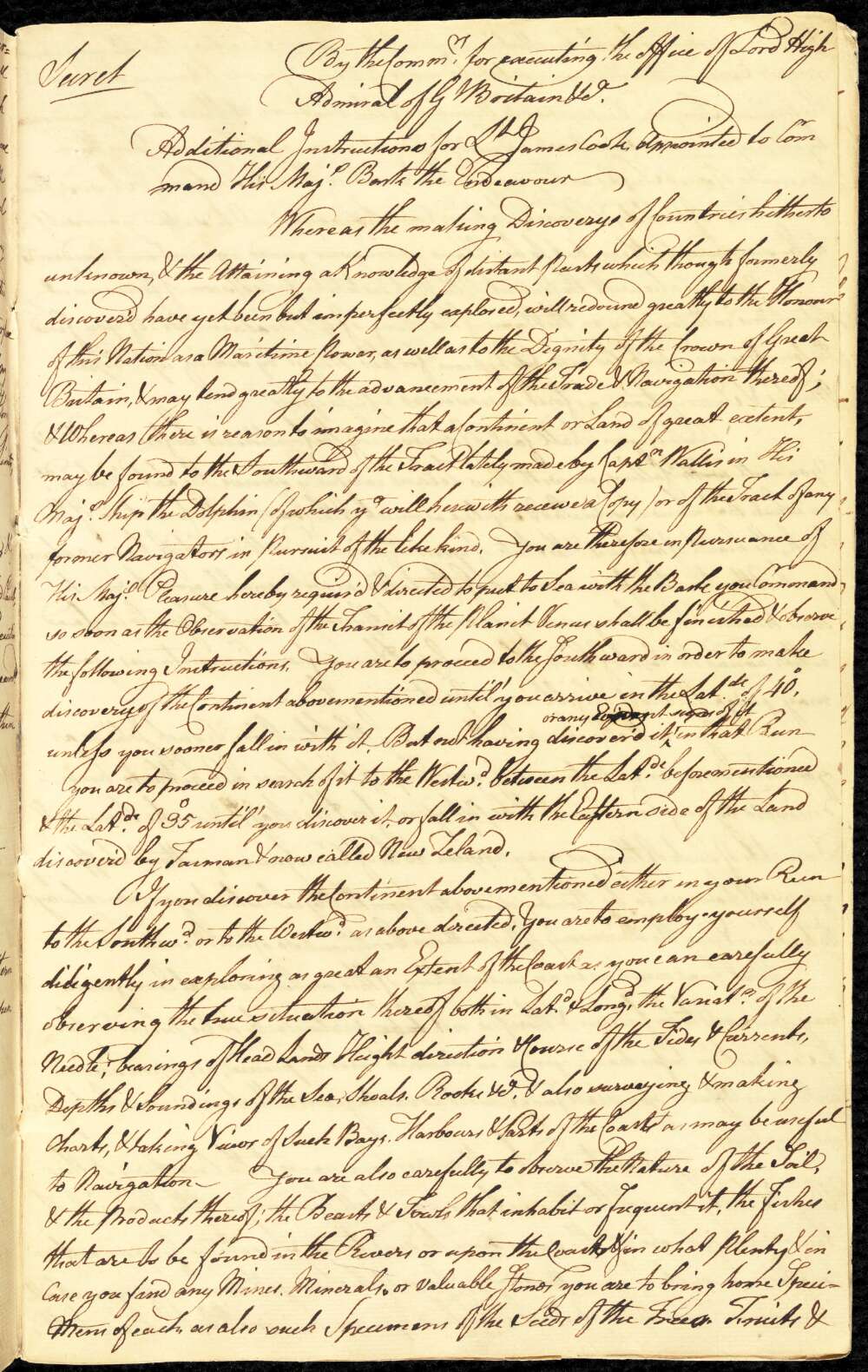 A handwritten letter to Captain James Cook marked 'secret'