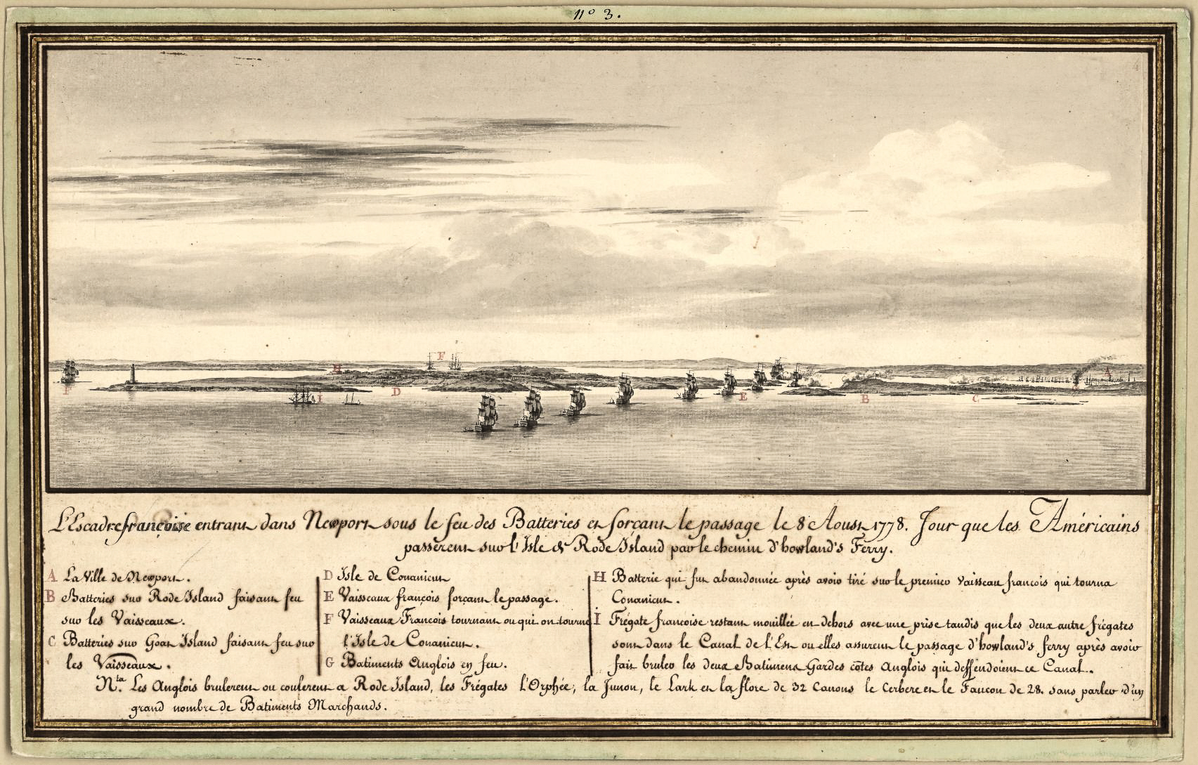 A handdrawn view of the French fleet arriving to Newport Harbor in the Battle of Rhode Island 