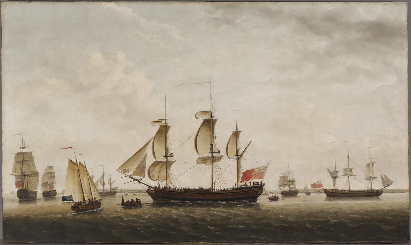 A painting of the H.M.S Resolution sailing with a fleet of smaller sailing ships 