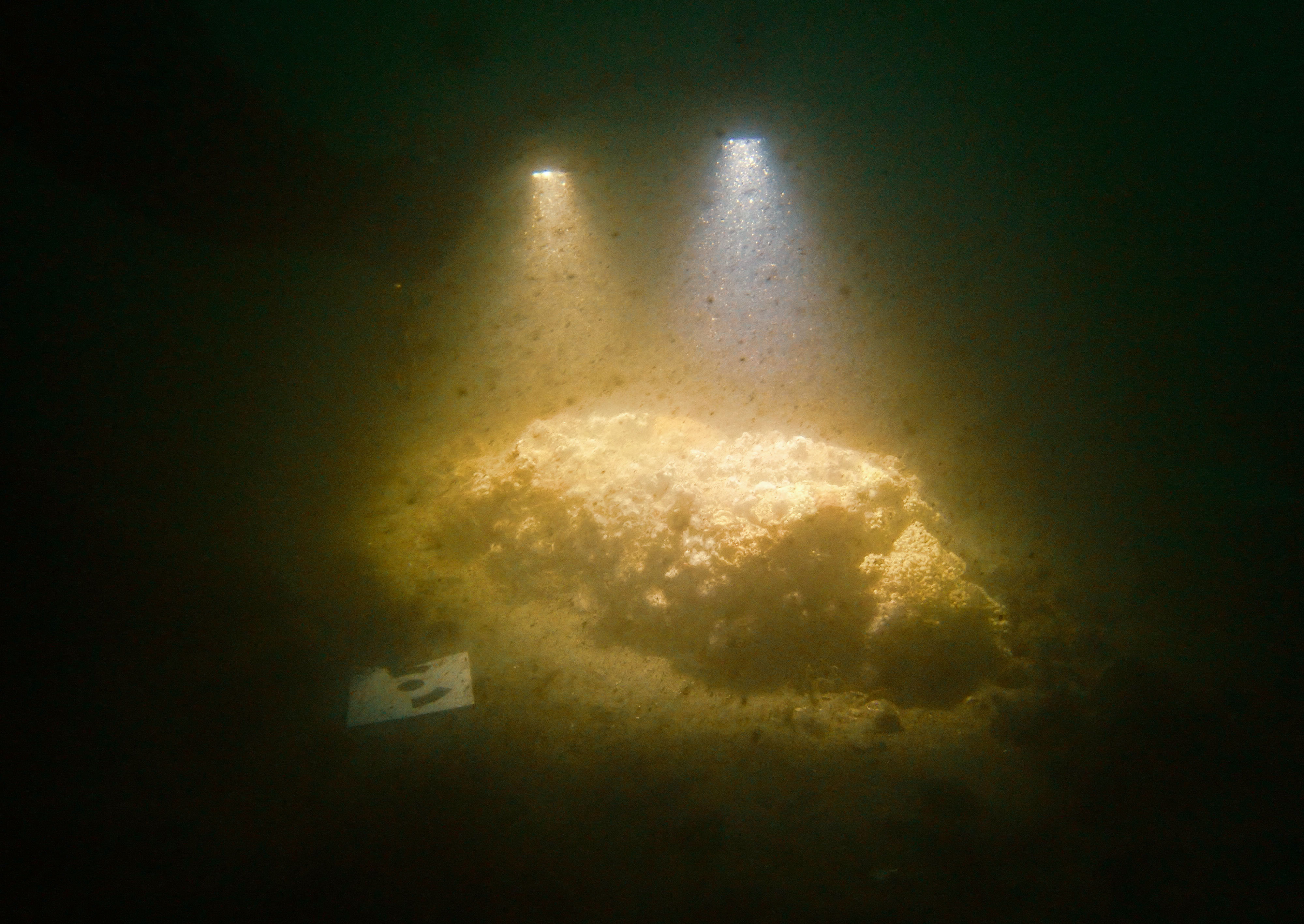 Lights illuminate a portion of the wreck underwater 