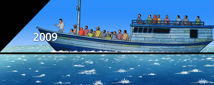 Afghan asylum seekers huddle together on board Indonesian fishing boat