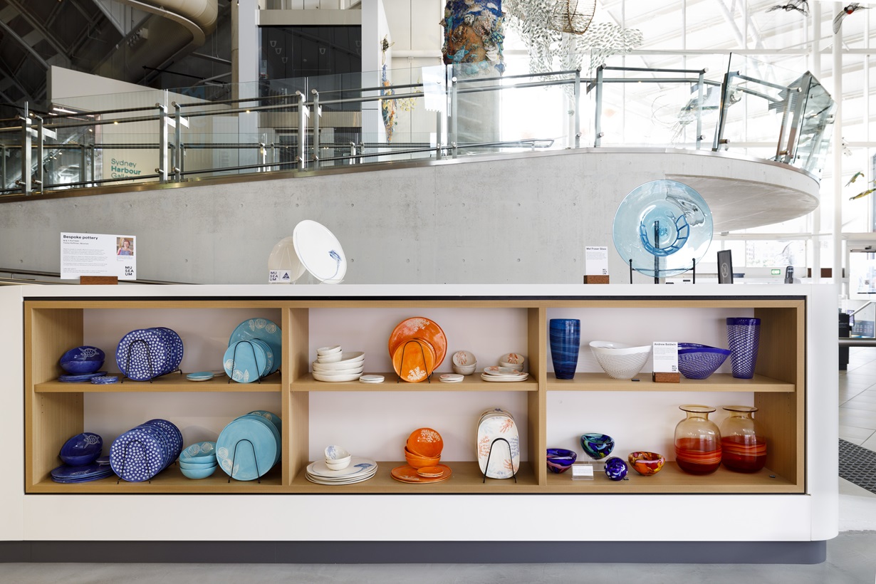 Colourful ceramic dishes on a shelf