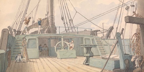 Deck scene, with man at the wheel, and another two taking sextant readings, Reverend Thomas Streatfeild, 1820, National Maritime Museum, Greenwich, London, PAI4318