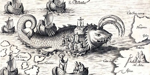Engraving depicting Saint Brendan saying mass on the back of a whale. 1621. ANMM Collection 00019658