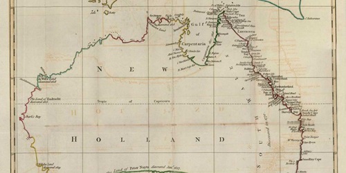 A New Chart of New Holland on which are delineated New South Wales and a Plan of Botany Bay, drawn and engraved by Jno. Andrews. 1787. ANMM Collection 00000368.