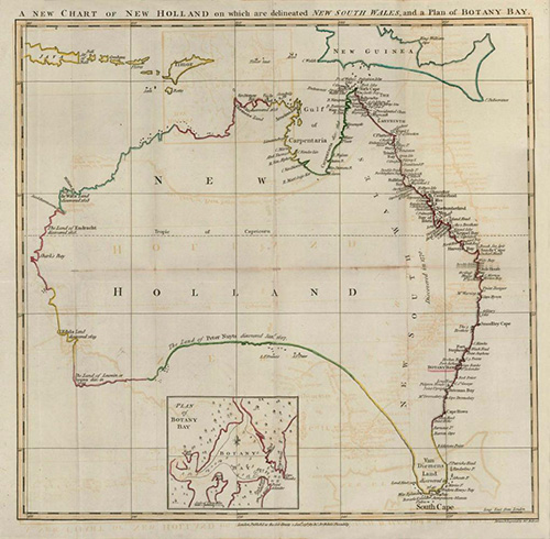 A New Chart of New Holland on which are delineated New South Wales and a Plan of Botany Bay, drawn and engraved by Jno. Andrews. 1787. ANMM Collection 00000368.