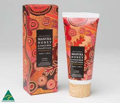 Manuka Honey Hand Cream $19.95rrp - Macadamia oil & goat's milk with shea butter & argan oil, 100ml, features artwork by Theo (Faye) Nangala Hudson from Warlukurlangu Artists of Yuendumu, Australia.