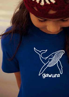 Bamboo T-Shirt (kids) $29.95rrp - Made from organically grown bamboo, 96% silky soft bamboo / 4% spandex to keep its shape, 100% recyclable, 95% uv resistant. Gawura (Whale) Eora language of Sydney NSW.