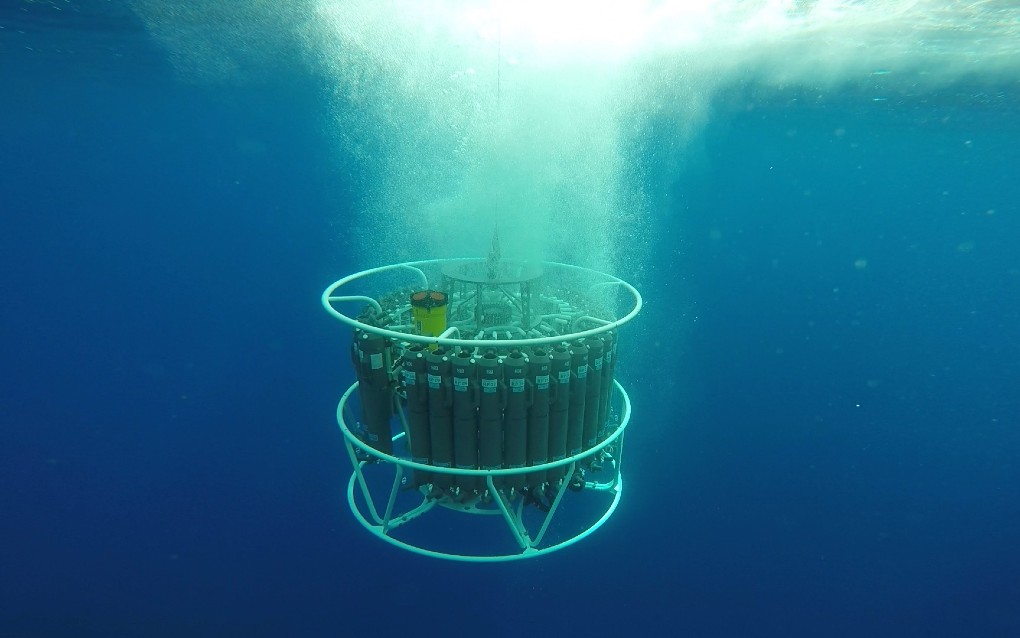 The CTD is a fundamental instrument for ocean research, measuring water conductivity, temperature and depth (CTD), and collecting seawater samples for further analysis. Image courtesy of CSIRO