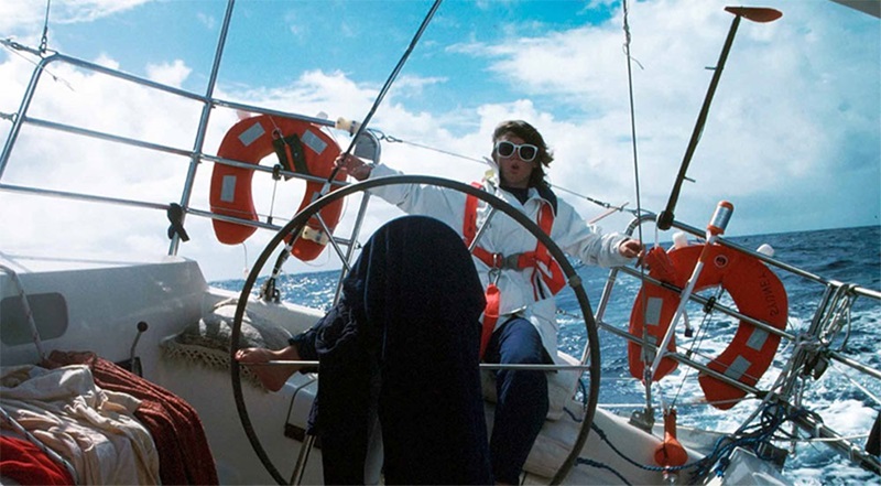 Kay Cottee steering Blackmores First Lady across the Pacific Ocean. Reproduced courtesy Kay Cottee.