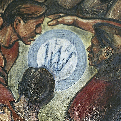 The Wharfies Mural (section of mural, photographed c 1990 in situ at the Waterside Workers Federation Sydney Branch]