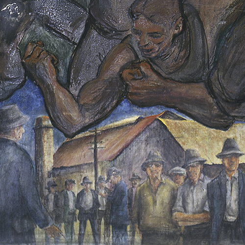 The Wharfies Mural (section of mural, photographed c 1990 in situ at the Waterside Workers Federation Sydney Branch]