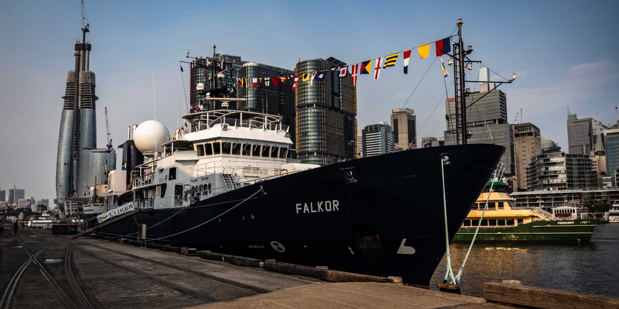 Schmidt Ocean Institute's RV Falkor berthed near the Australian National Maritime Museum in early January 2020