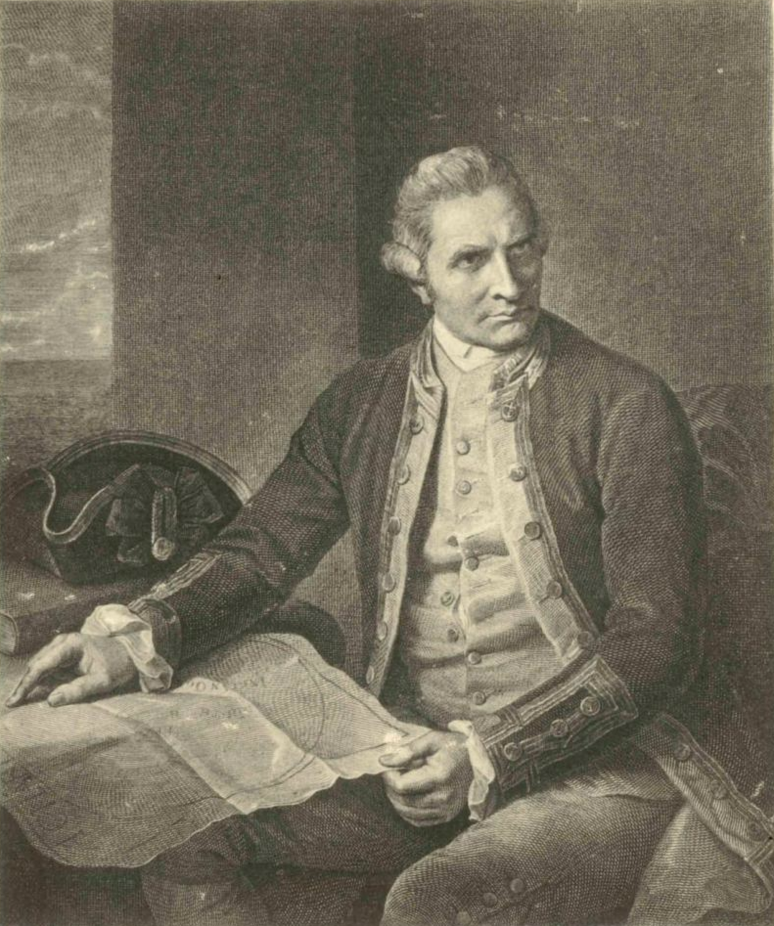 A black and white portrait of Captain James Cook
